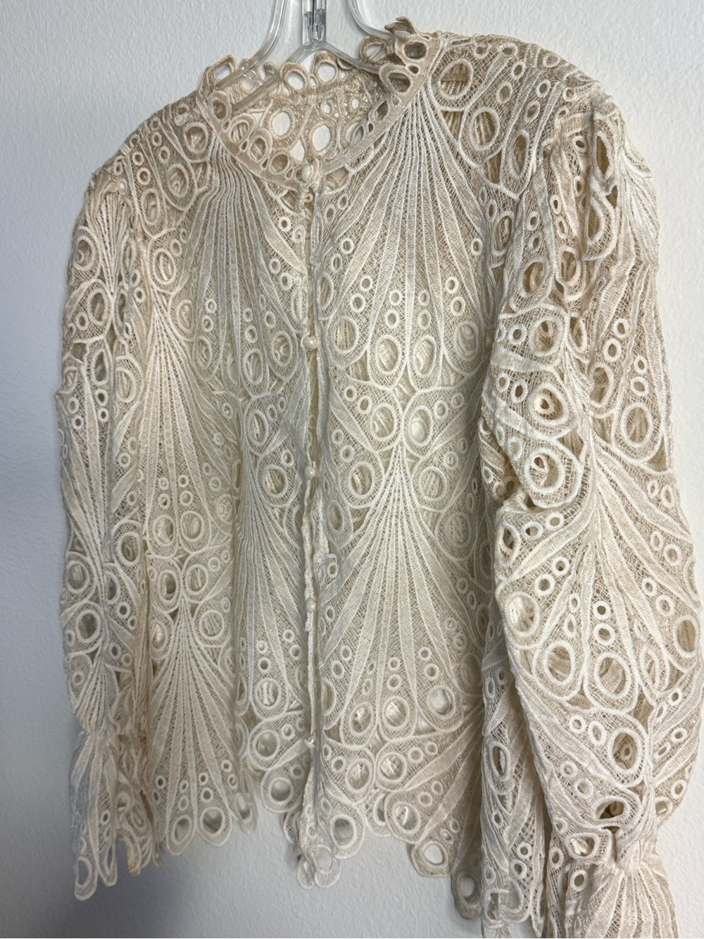Ivory Ombré Sheer Lace Bell Sleeve Blouse Size Small (40”-44” B) - Picture 6 of 8